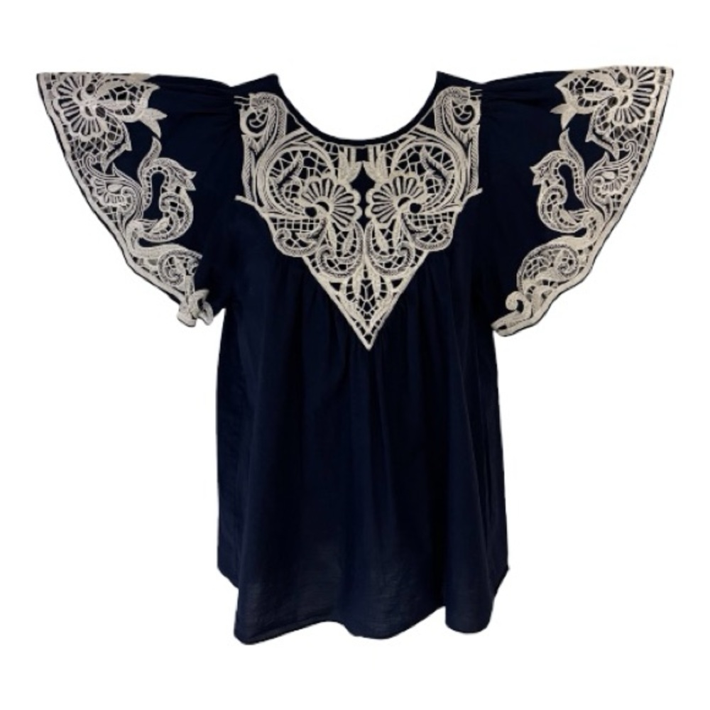 Parker Navy Blue and White Tunic Blouse Top with Embroidered Detail, Size S